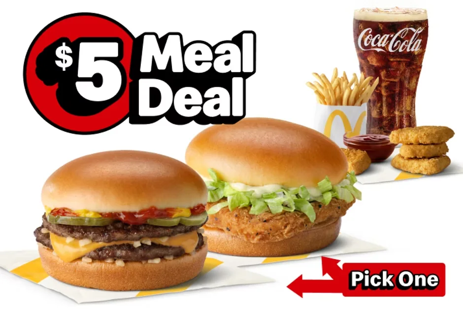 $5 meal deal featuring two burgers, fries, a soft drink, and chicken nuggets