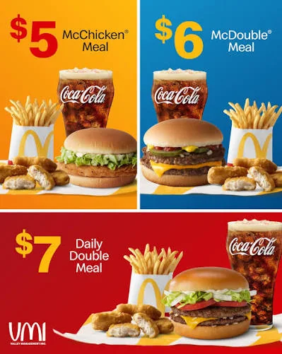 Three illustrated meal deal options with burgers, fries, and drinks